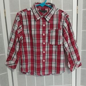 DKNY Kids Red and White Plaid Button Down Shirt 3T Long Roll Tab Sleeves‎